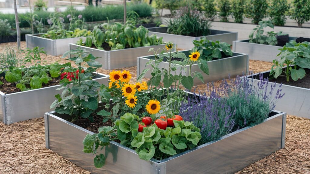 A modern garden setup with sleek, steel raised beds