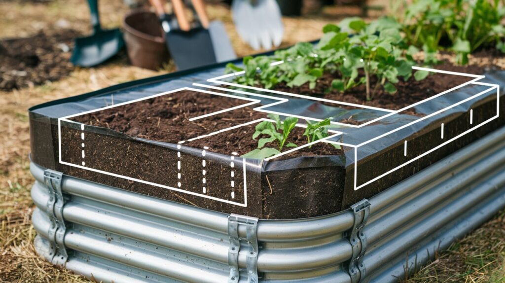 Diagram of a lined steel raised bed with layers of soil