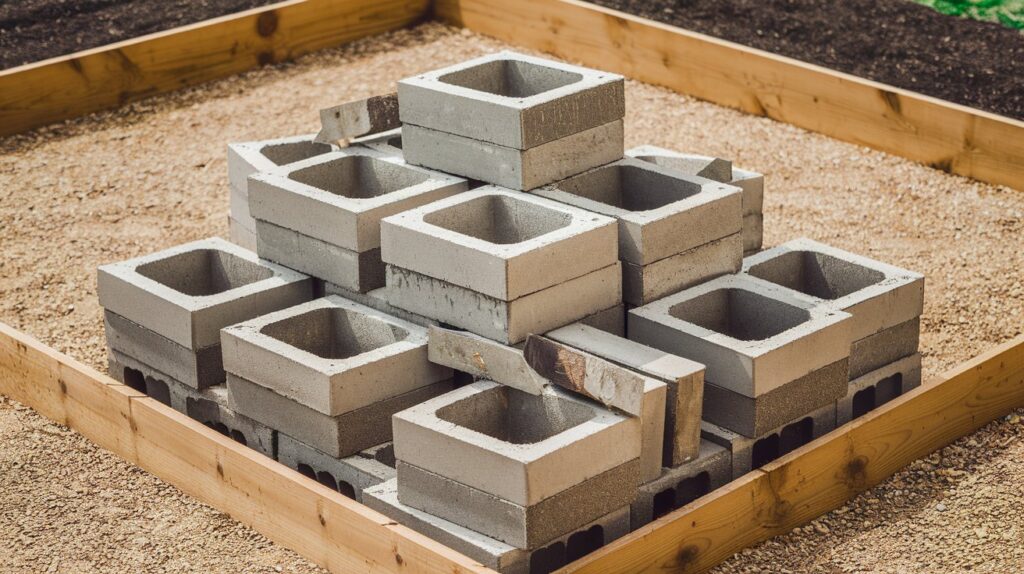 Pile of cinder blocks ready for use in a raised garden bed