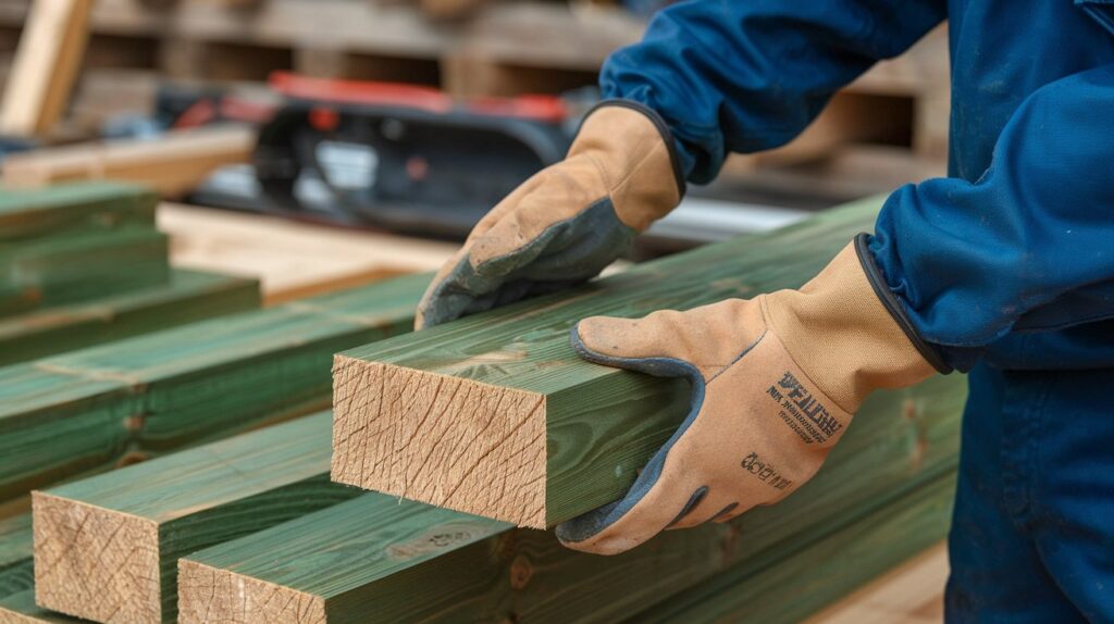 Pressure-treated lumber with protective gloves, showing safe handling practices