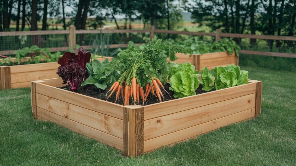 Finished cedar raised garden bed, freshly planted with vegetables