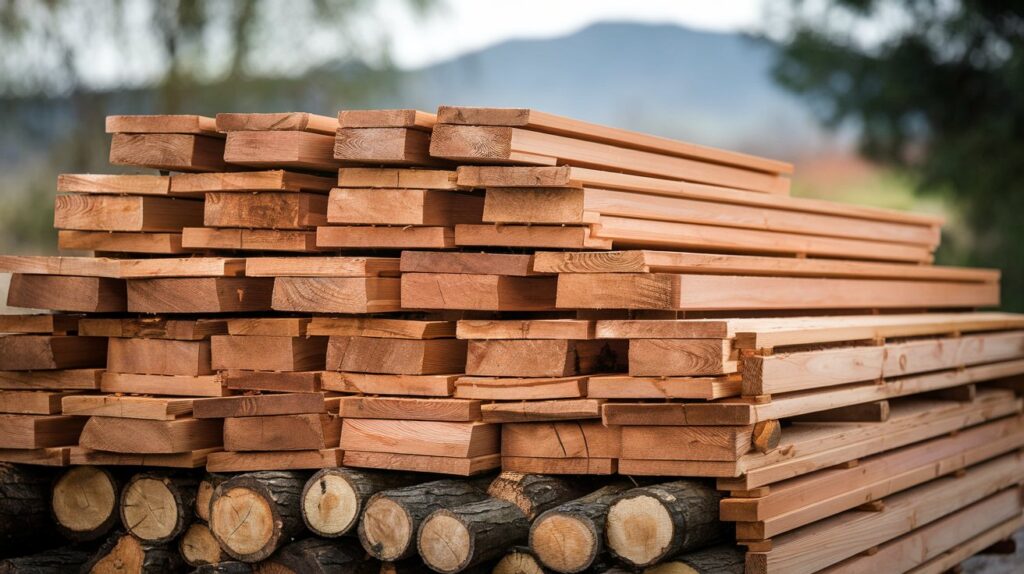 cedar wood planks stacked and ready for use in garden beds