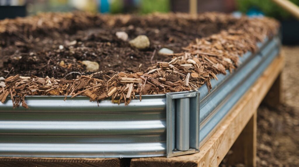 soil in a steel raised bed with mulch layer for insulation