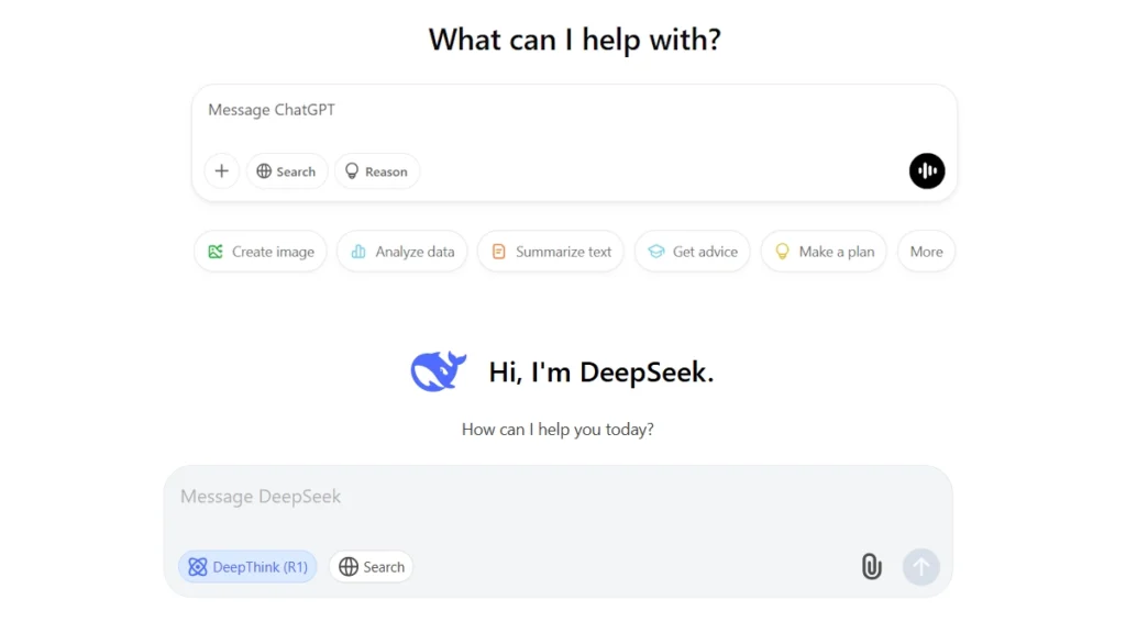 DeepSeek AI: Can China’s Rising Star Outshine ChatGPT in India and the USA? DeepSeek AI’s interface vs. ChatGPT – Comparison screenshot