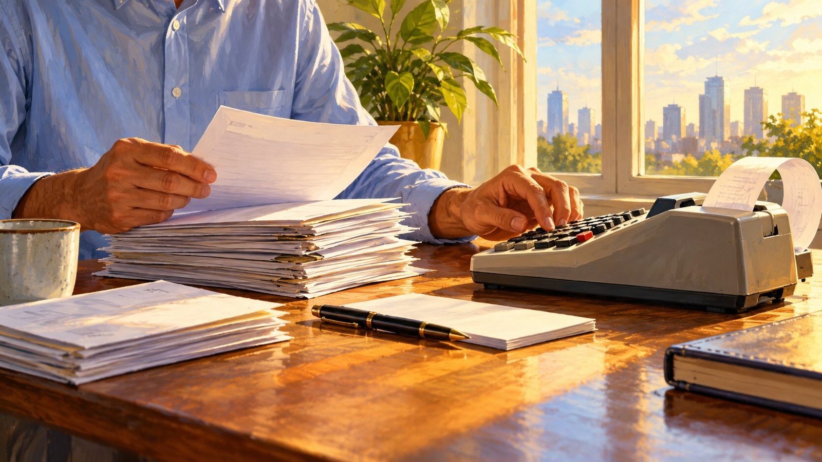 Illustration of a person reviewing payroll paperwork beside an adding machine in a sunlit office.