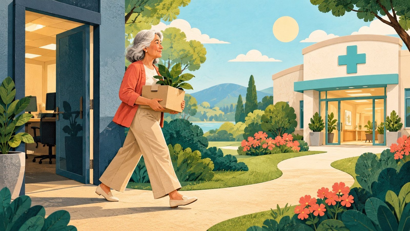 Editorial illustration of an older woman carrying a plant from an office toward a clinic along a sunlit path.