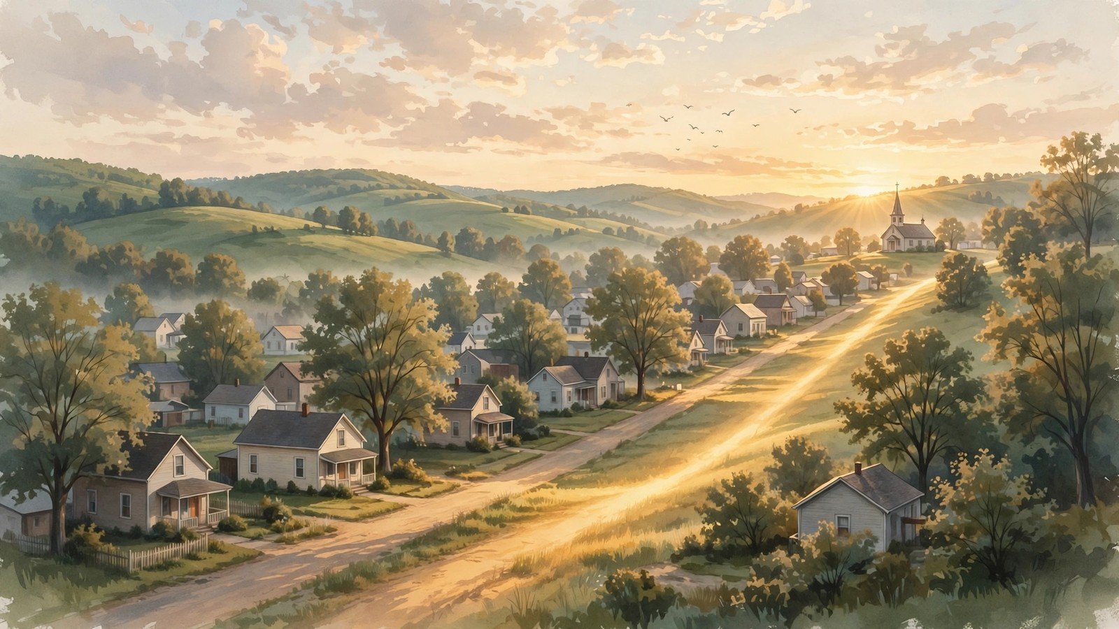 Illustration of a sunrise over a small American town