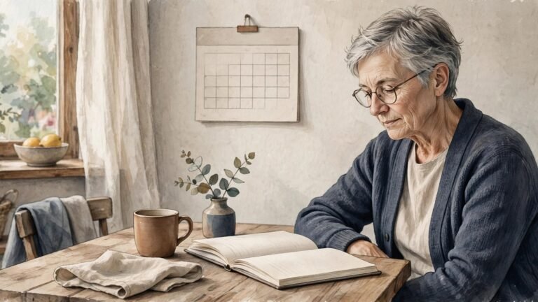 Illustration of an older adult reviewing a blank household budget notebook at a table, with a blank wall calendar behind them
