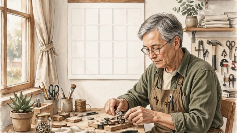 Illustration of an older adult working at a tidy workbench in a bright workshop, with a blank wall calendar behind them