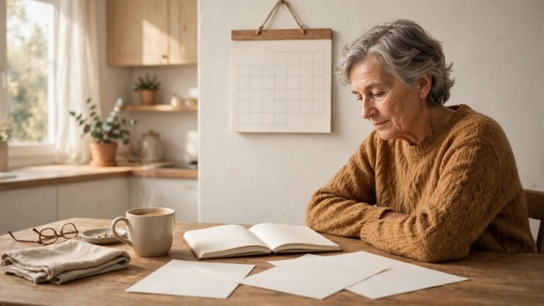 Illustration of an older adult reviewing a blank notebook and blank papers at a kitchen table, with a blank wall calendar behind them