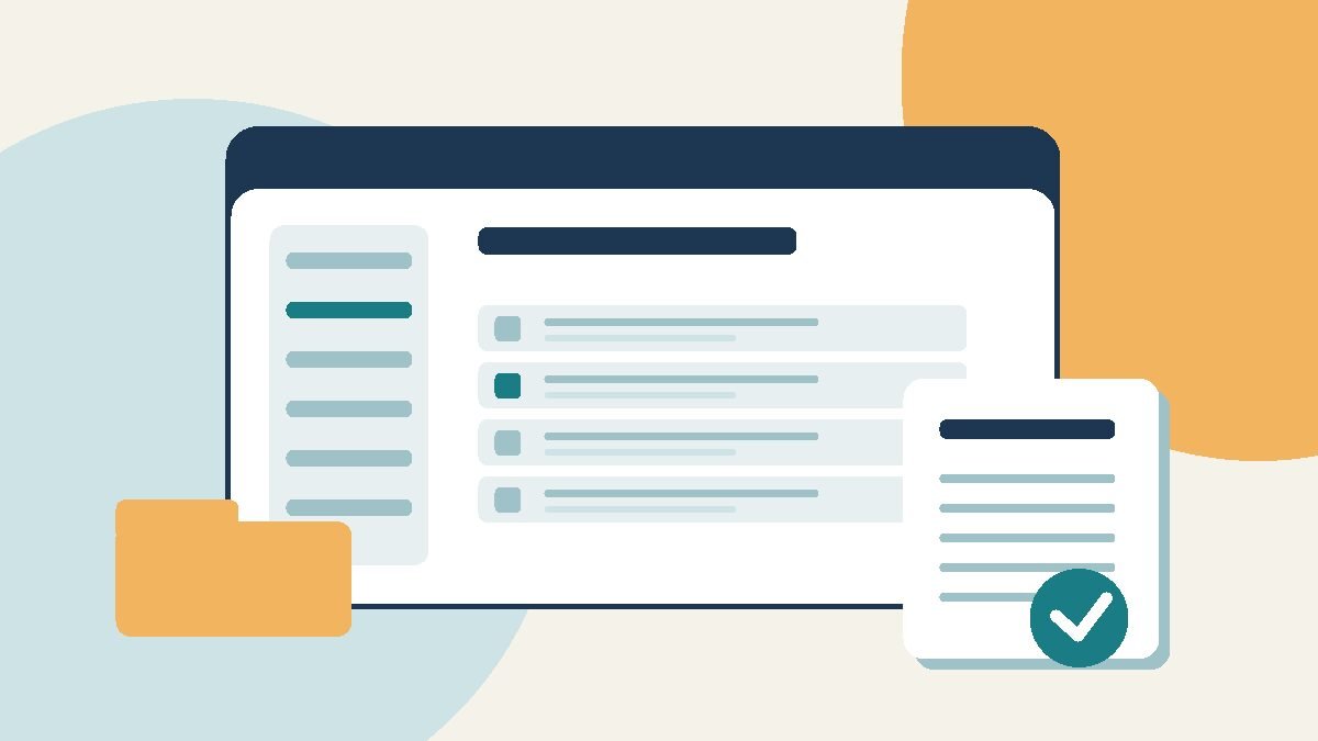 Editorial illustration of an online tax records page, a document checklist, and a paper folder on a pastel background.