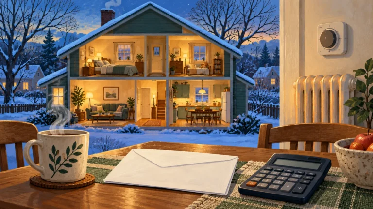 Illustration of a warmly lit cutaway home in winter beside a radiator, thermostat, envelope and calculator.
