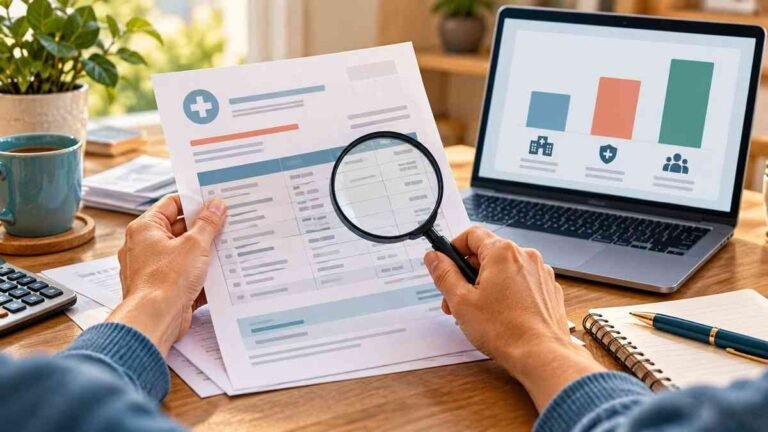 Editorial illustration of a person reviewing a medical bill with a magnifying glass beside a laptop displaying a simple chart.