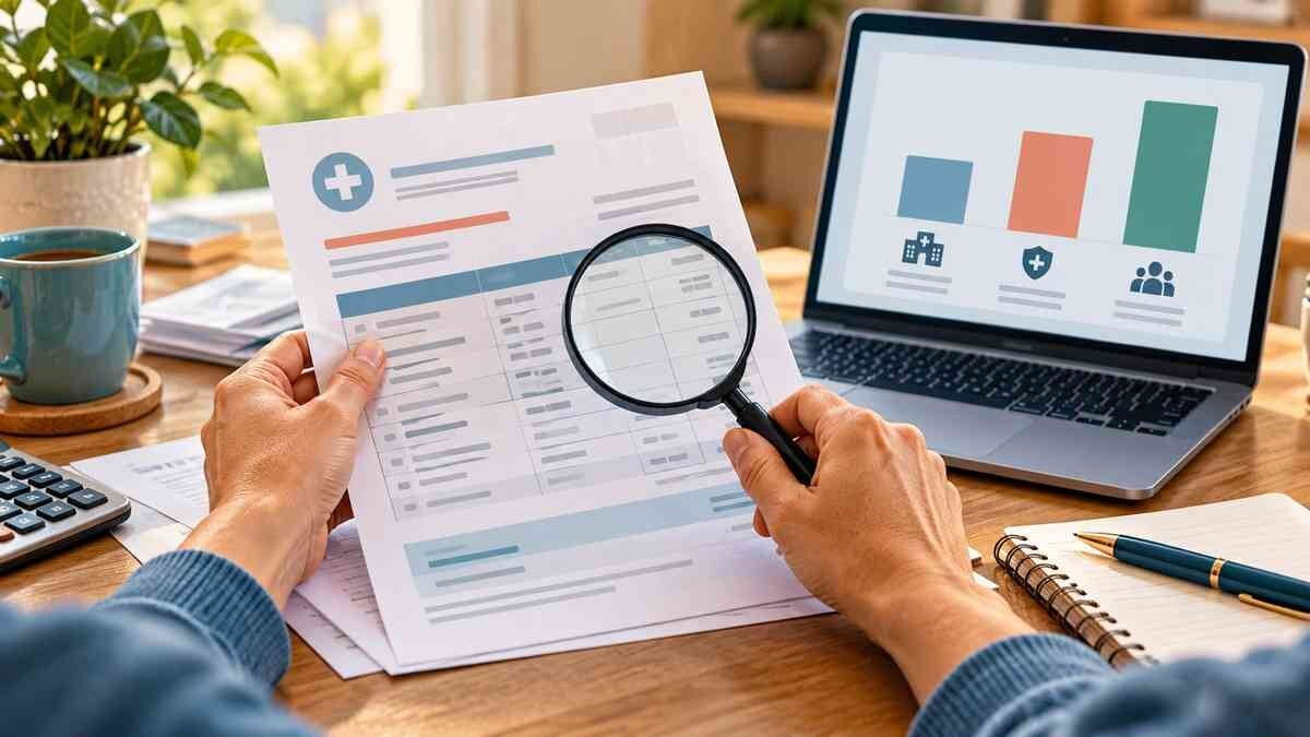 Editorial illustration of a person reviewing a medical bill with a magnifying glass beside a laptop displaying a simple chart.
