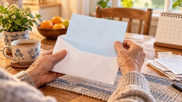 Original editorial illustration of an older adult opening a blank letter at a sunlit kitchen table.