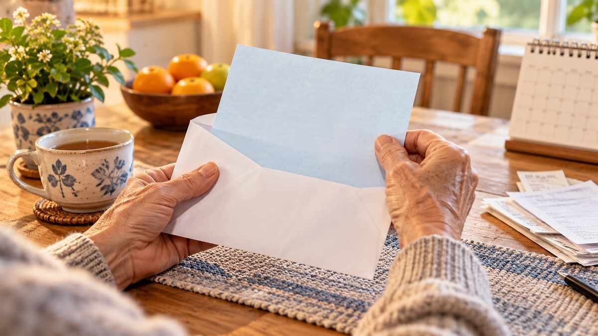 Original editorial illustration of an older adult opening a blank letter at a sunlit kitchen table.