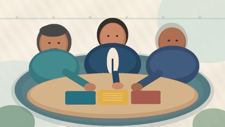 Illustration of two older adults discussing three blank coverage folders with a counselor at a table.