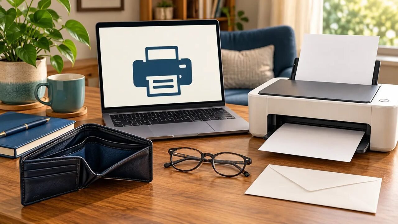 Illustration of an empty wallet, a laptop with a printer icon, and a home printer beside glasses and an envelope.