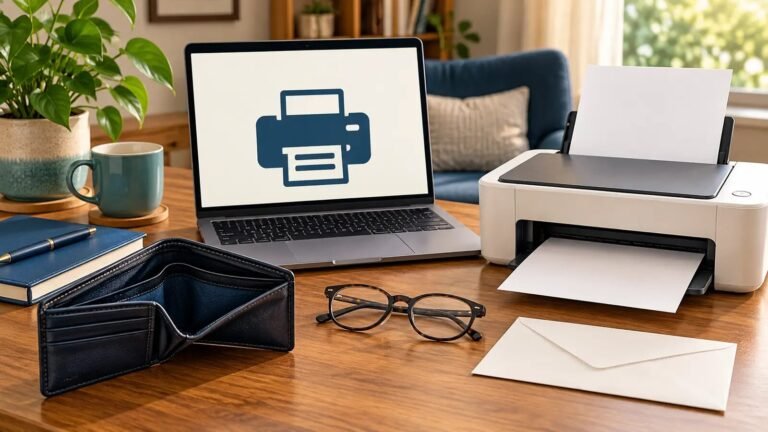 Illustration of an empty wallet, a laptop with a printer icon, and a home printer beside glasses and an envelope.