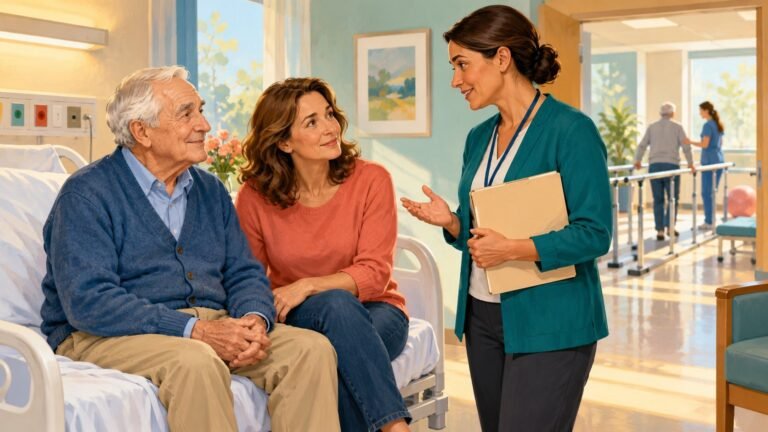 Editorial illustration of an older patient and a woman speaking with a hospital staff member, with rehabilitation walking bars in the background.