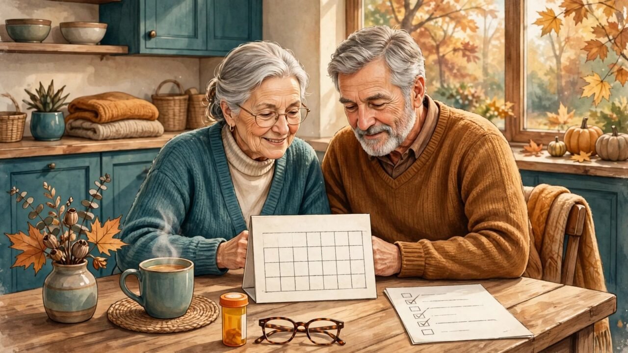 Illustration of a senior couple reviewing a calendar and checklist at a sunny kitchen table during Medicare open enrollment season