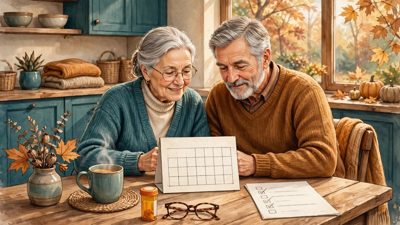 Illustration of a senior couple reviewing a calendar and checklist at a sunny kitchen table during Medicare open enrollment season