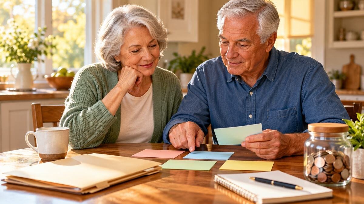 Conceptual AI-generated image of an older couple reviewing household budget notes together at a sunlit kitchen table.