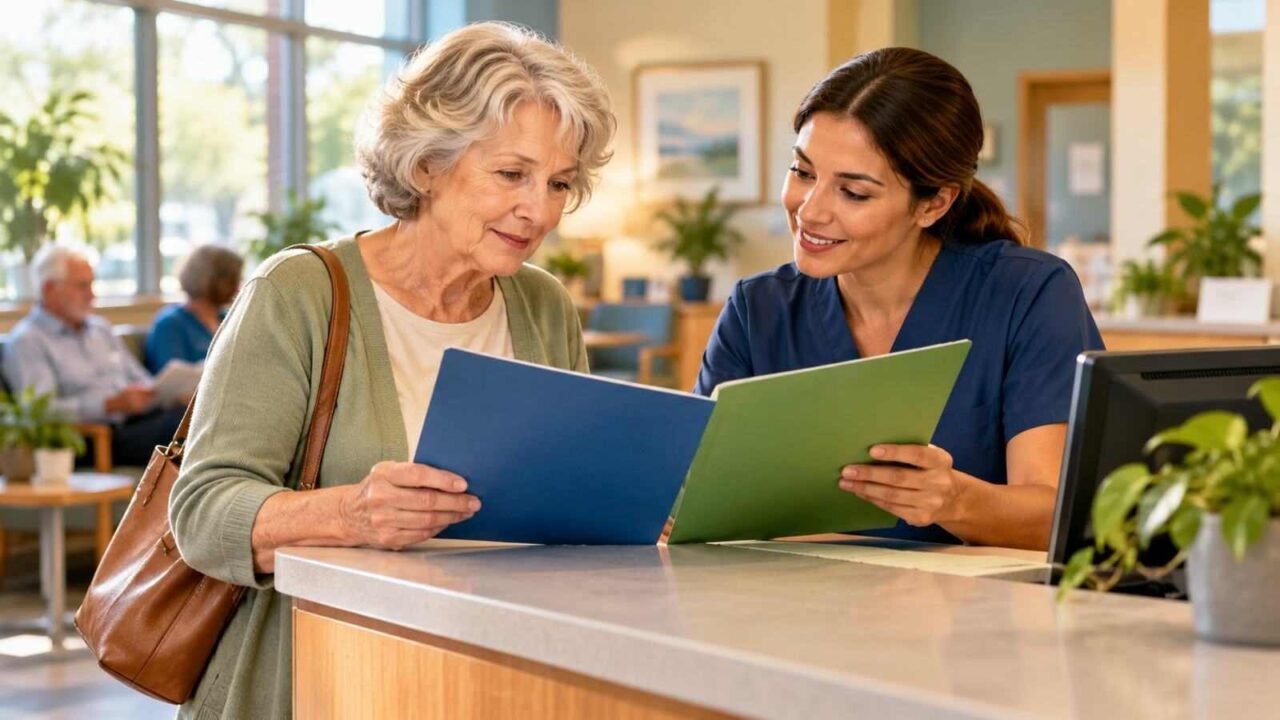 Illustration of an older woman and a clinic staff member reviewing folders at a reception desk.