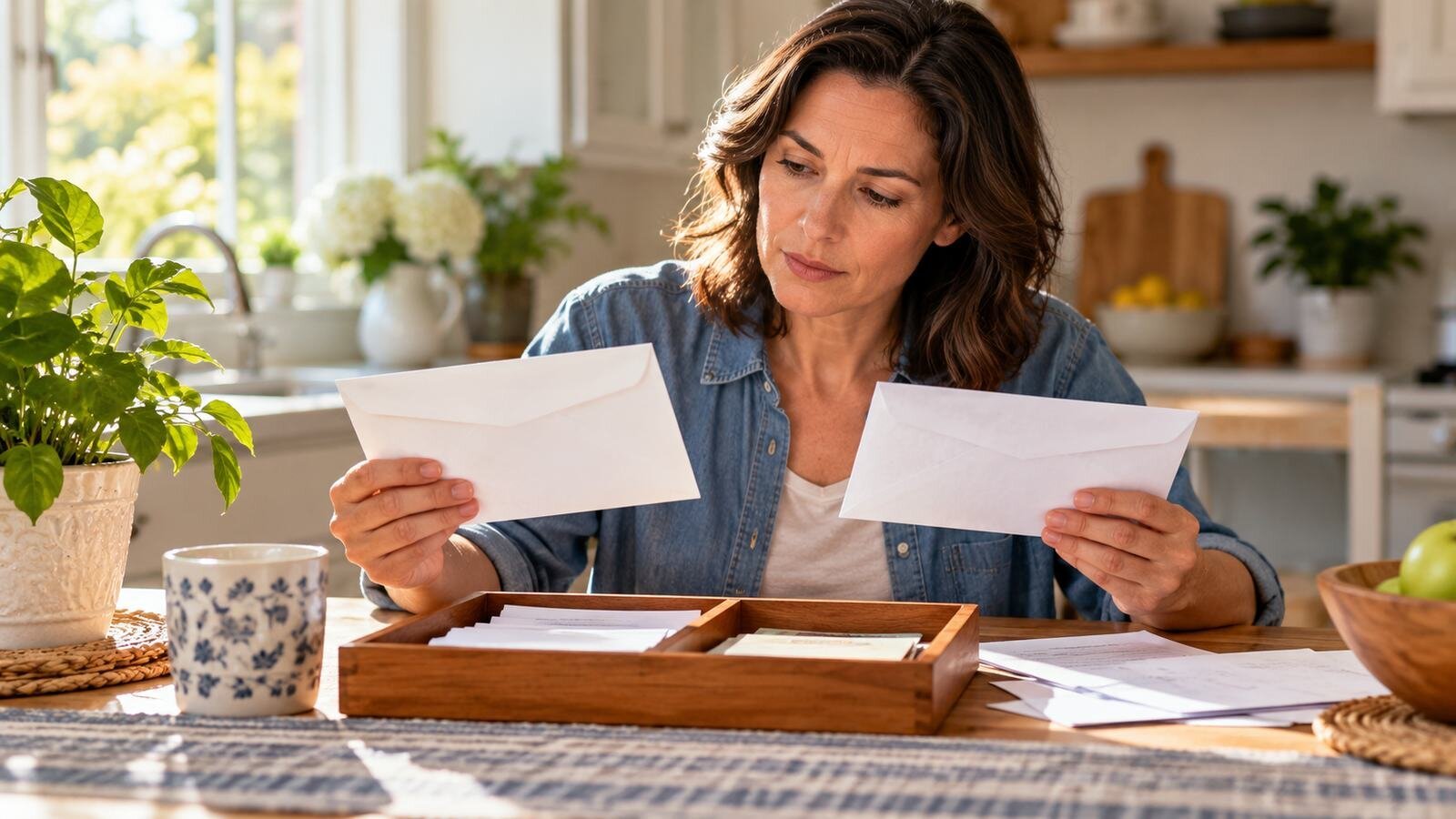 Conceptual illustration of a woman comparing two envelopes at a kitchen table while reviewing household mail.