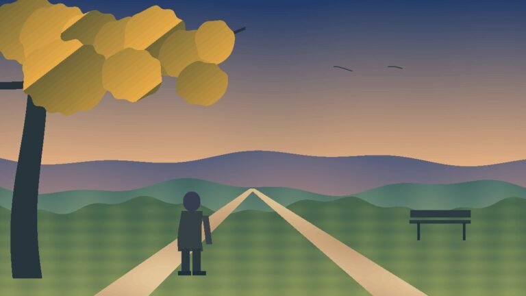 Original conceptual illustration of an older adult at a forked path overlooking a sunset, representing choices about when to start Social Security retirement benefits.
