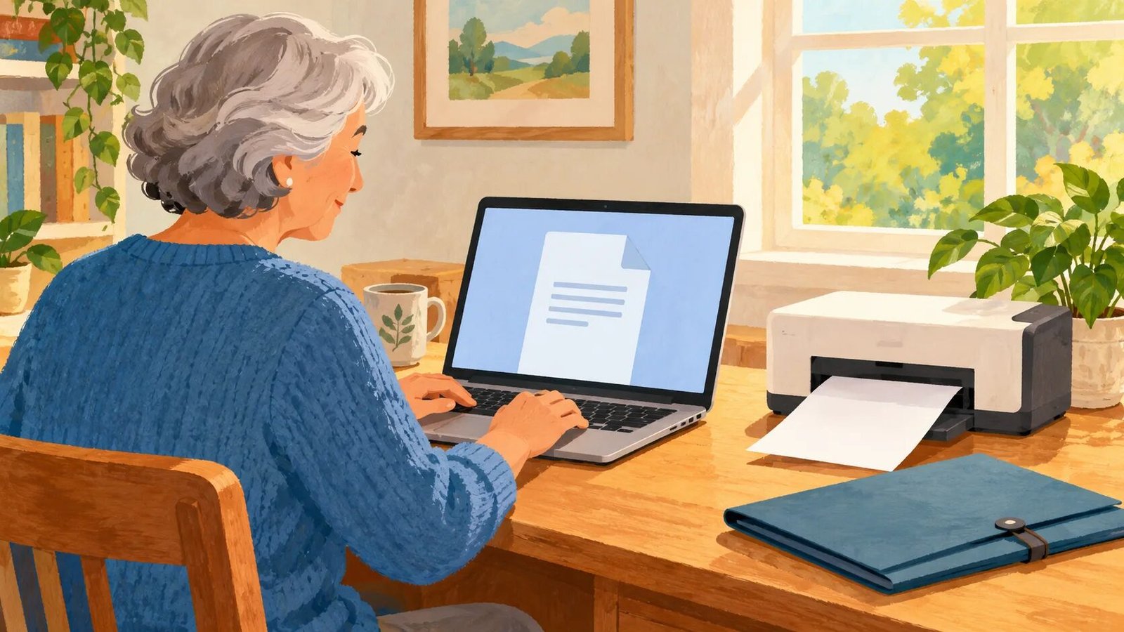 Illustration of an older woman using a laptop beside a printer and a blue document folder at a sunny home desk.