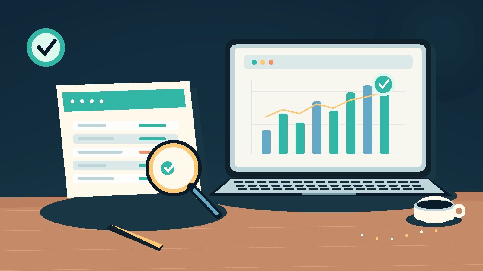 Original editorial illustration of a laptop showing a rising earnings chart beside a document under a magnifying glass, on a desk.