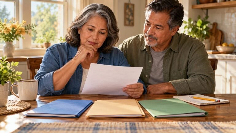 Editorial illustration of two older adults examining a blank letter together at a sunlit kitchen table.