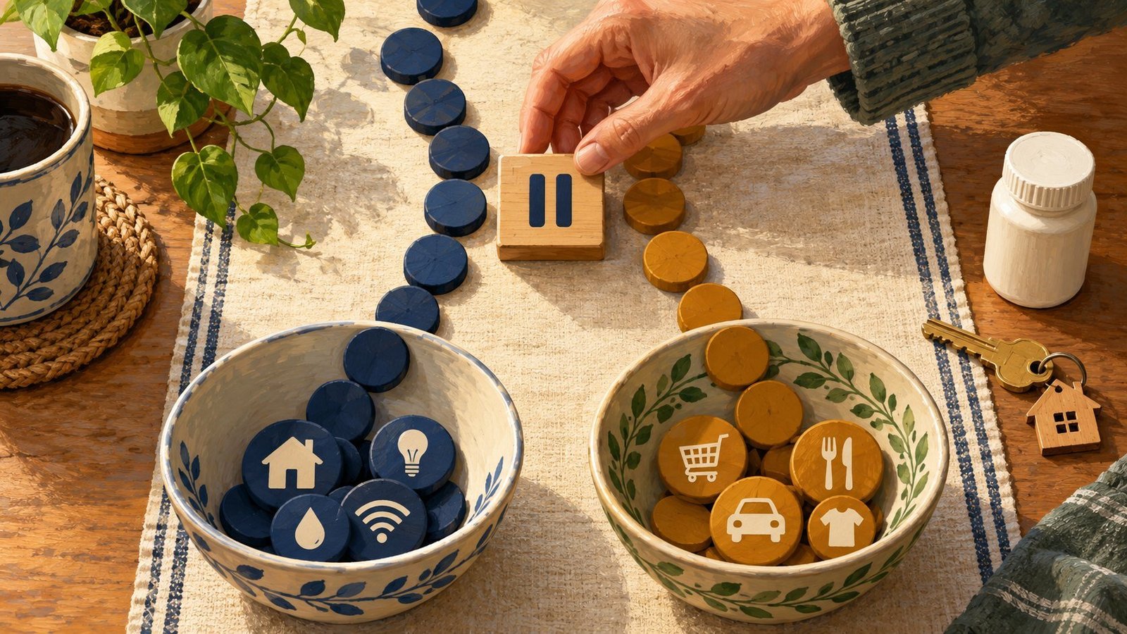 A hand places a pause tile between two streams of household budget tokens leading into bowls, beside a medicine bottle and house key.