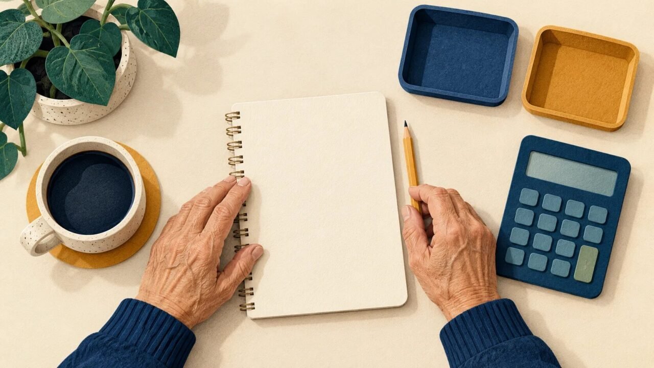 Editorial illustration of older hands with a blank notebook, calculator, pencil and sorting trays on a desk.
