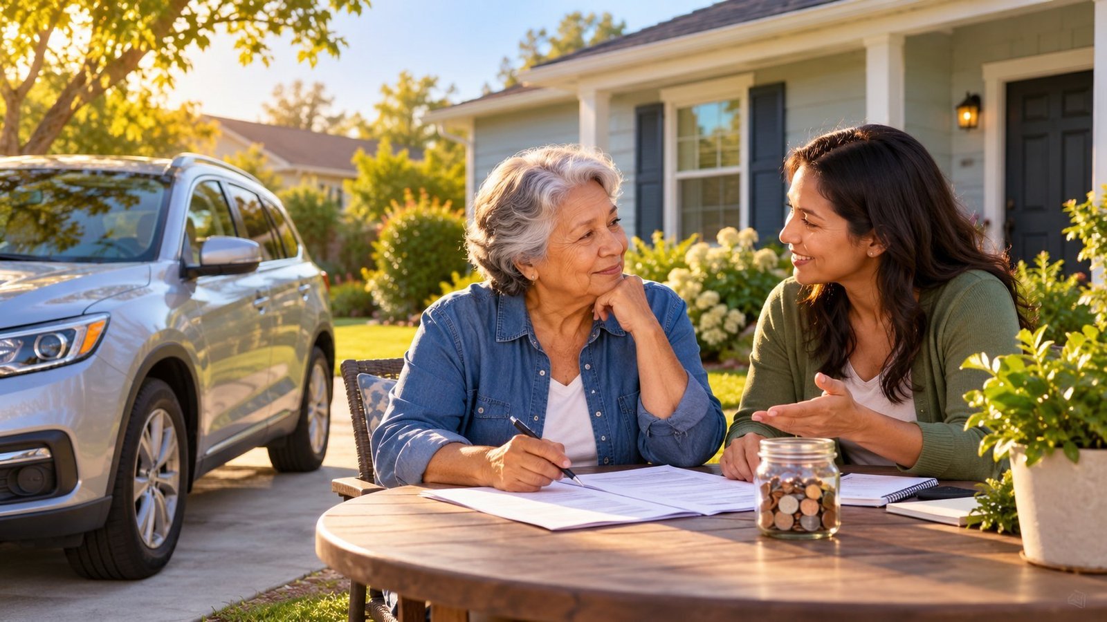 Editorial illustration of an older woman and a younger woman discussing household finances at a table outside a home, with a parked car nearby.